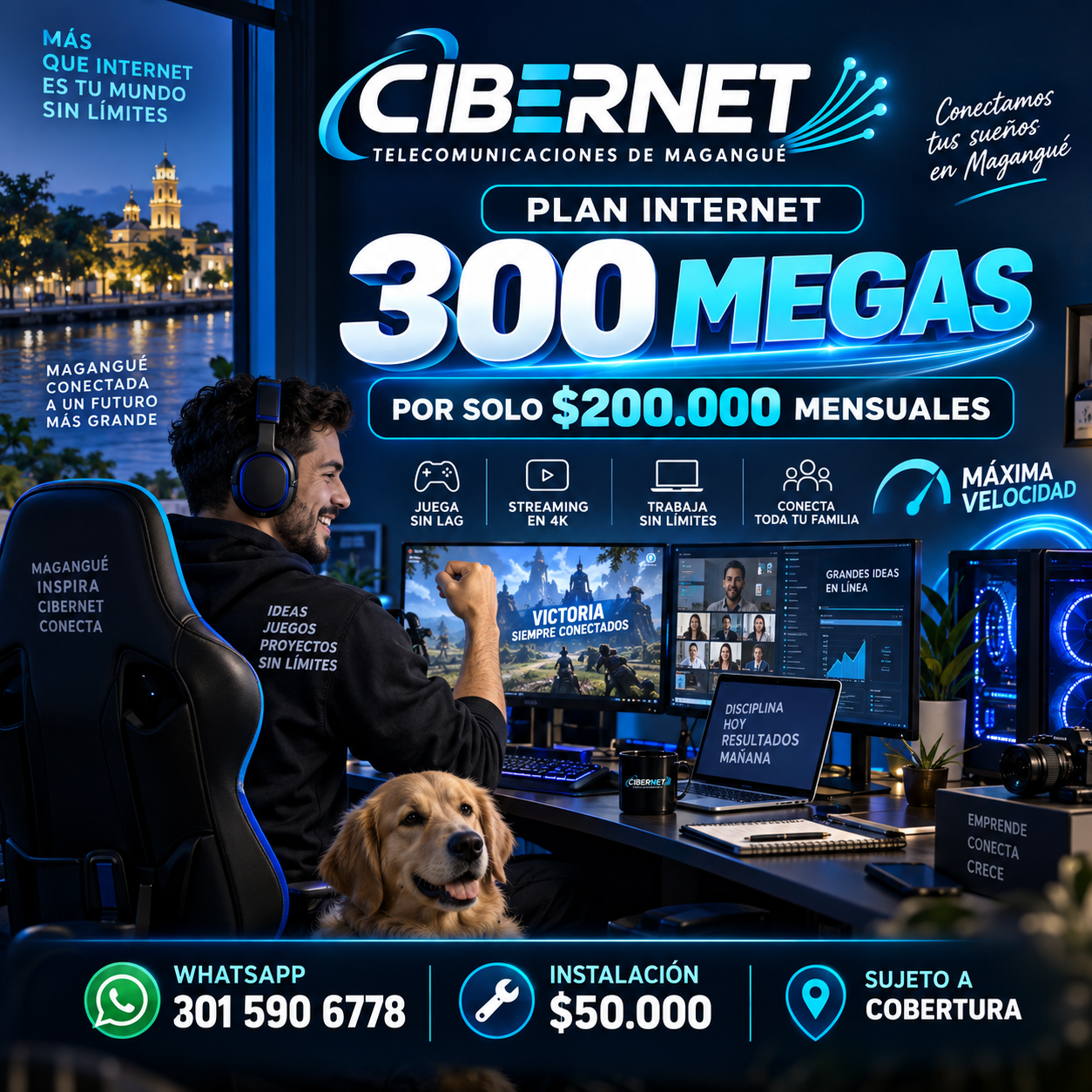 Plan Internet CIBERNET de 300 megas por 200.000 pesos mensuales